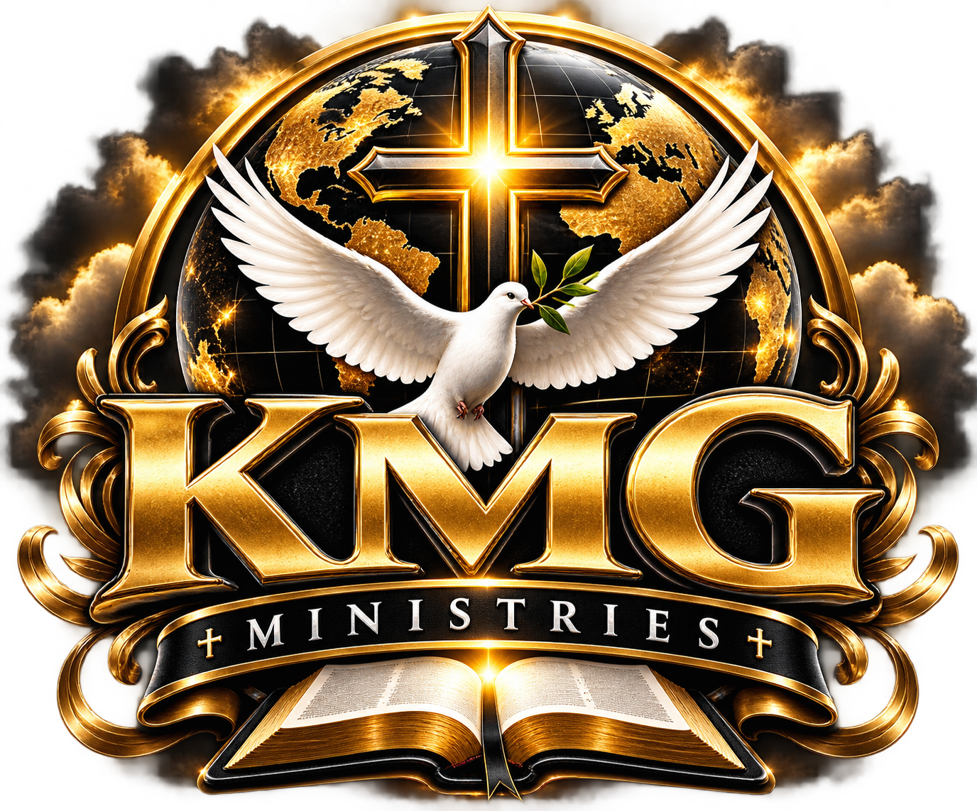 KMG Ministries golden emblem with cross, dove, globe, and Bible